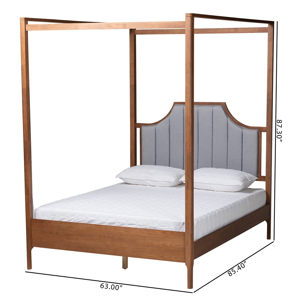 Dakota Light Grey Fabric And Ash Walnut Finished Wood Queen Size Platform Canopy Bed