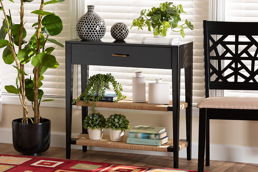 Freya Modern Bohemian Black Finished Bayur Wood 1-Drawer Console Table