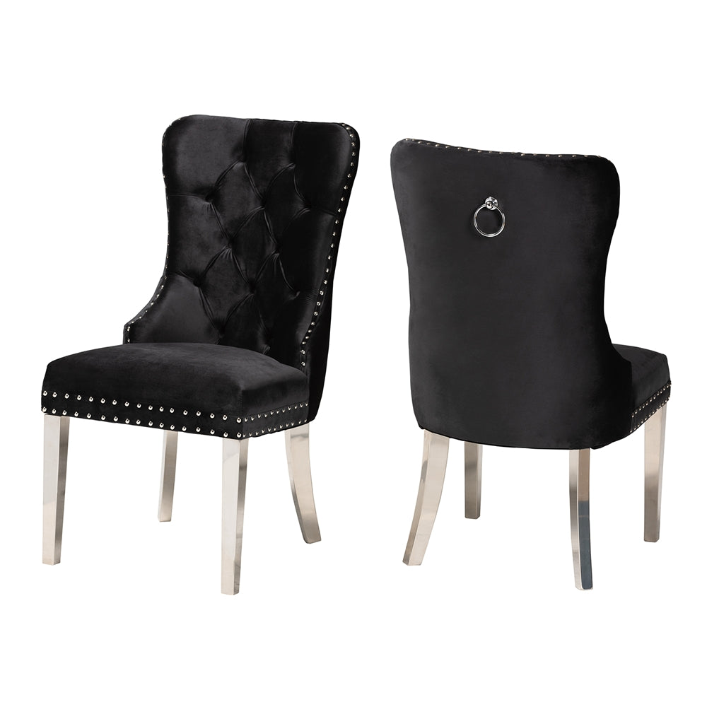 Honora Contemporary  and  Black Velvet Fabric and Silver Metal 2-Piece Dining Chair Set