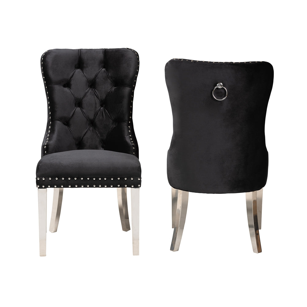 Honora Contemporary  and  Black Velvet Fabric and Silver Metal 2-Piece Dining Chair Set