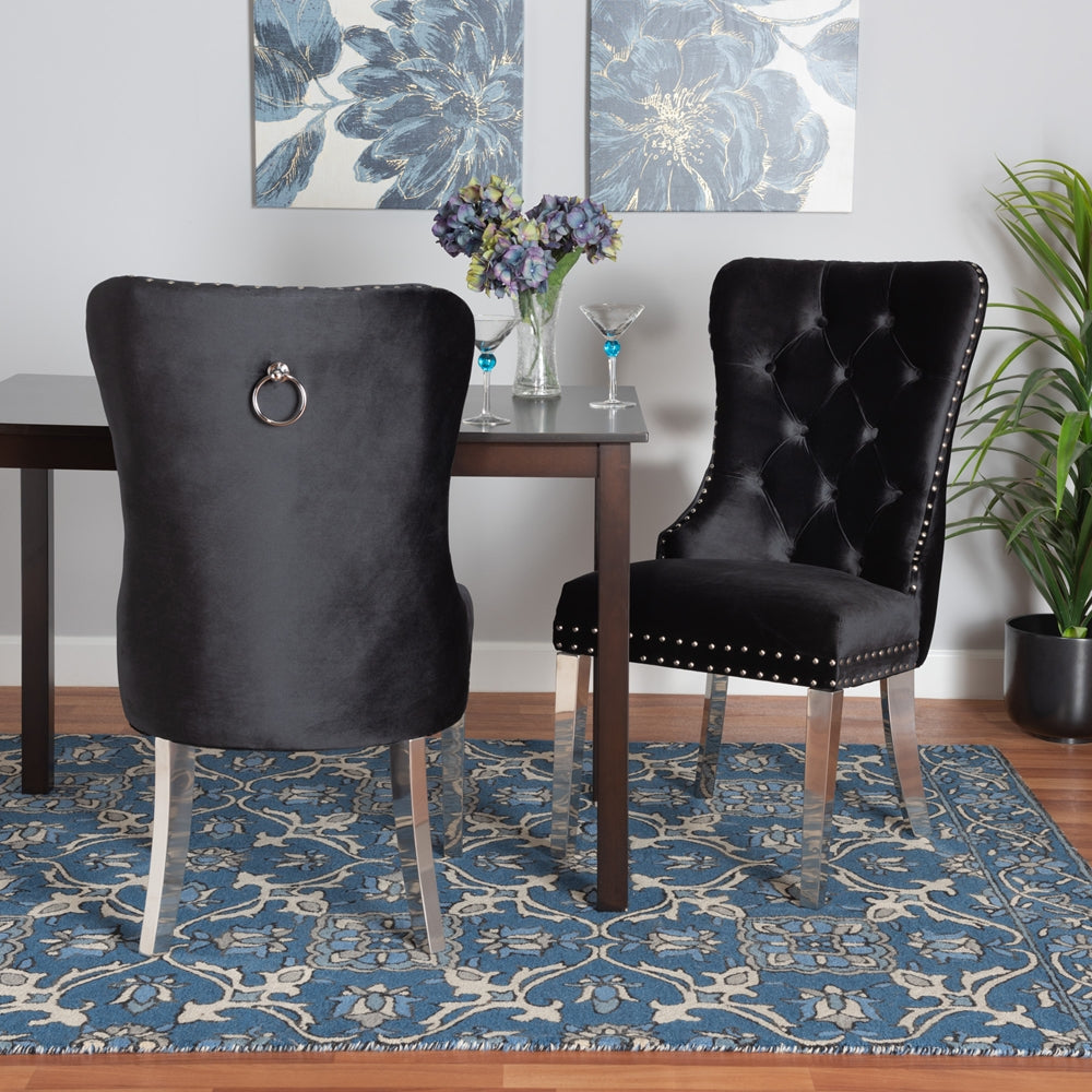Honora Contemporary  and  Black Velvet Fabric and Silver Metal 2-Piece Dining Chair Set