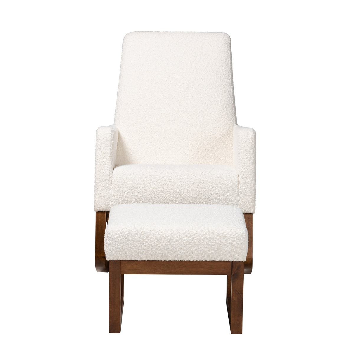 Yashiya Mid-Century Modern Off-White Boucle Upholstered and Walnut Brown Finished Wood 2-Piece Rocking Chair and Ottoman Set