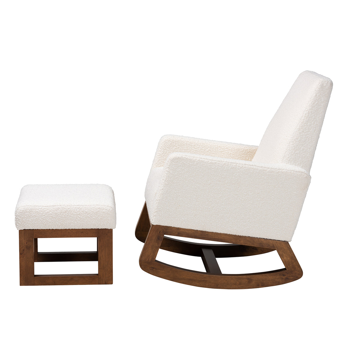 Yashiya Mid-Century Modern Off-White Boucle Upholstered and Walnut Brown Finished Wood 2-Piece Rocking Chair and Ottoman Set