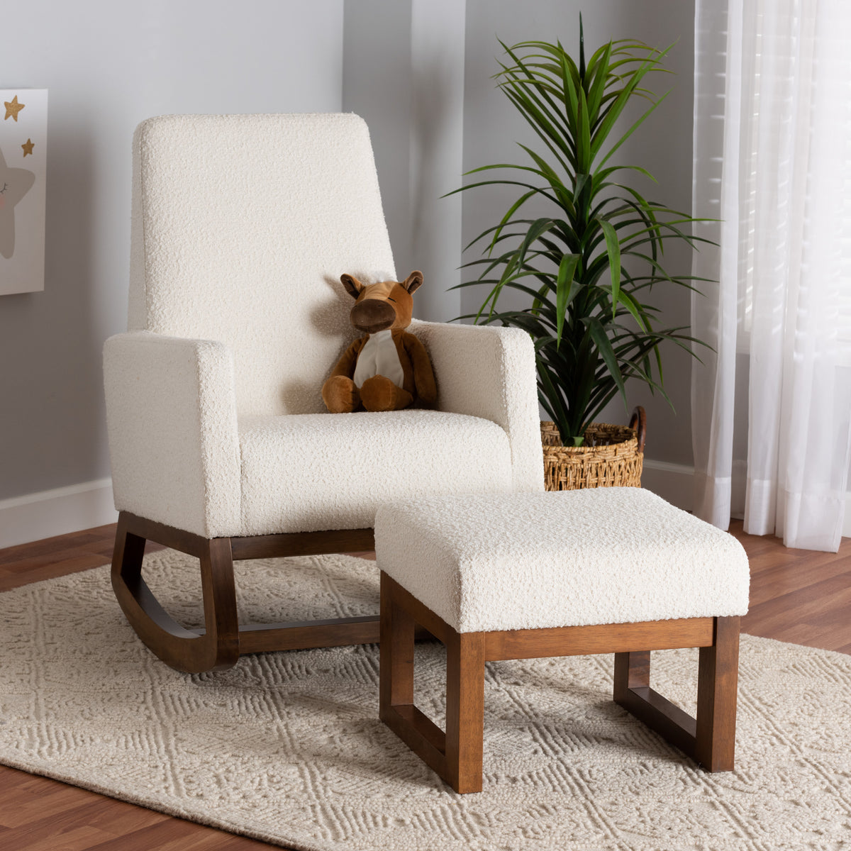Yashiya Mid-Century Modern Off-White Boucle Upholstered and Walnut Brown Finished Wood 2-Piece Rocking Chair and Ottoman Set