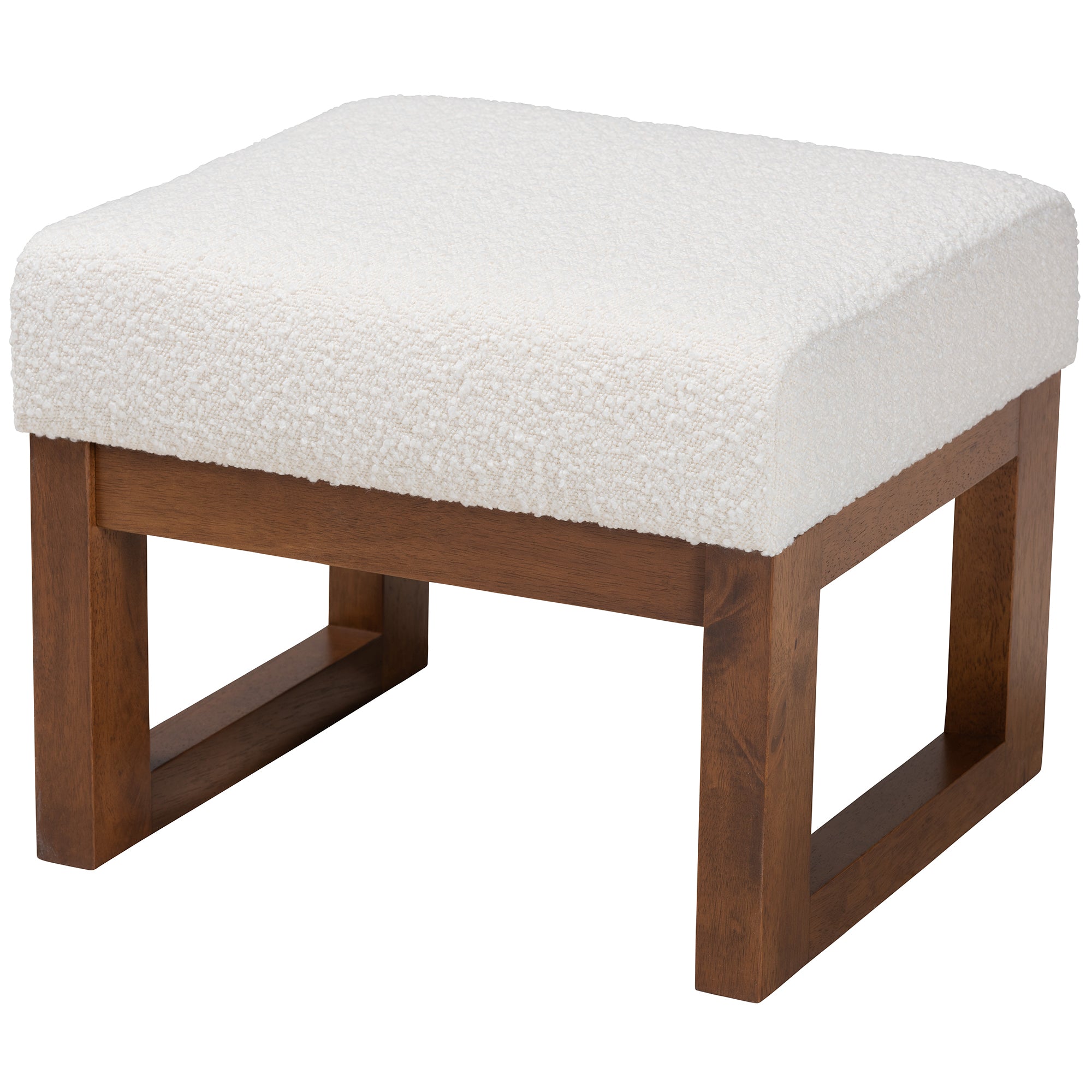 Baxton Studio Yashiya Mid-Century Modern Off-White Boucle Upholstered and Walnut Brown Finished Wood Ottoman Footstool