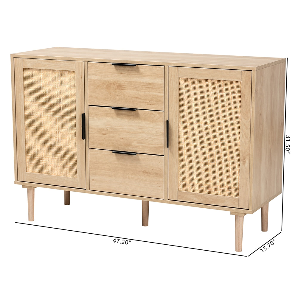 Harrison Mid-Century Modern Natural Brown Finished Wood and Natural Rattan 3-Drawer Sideboard