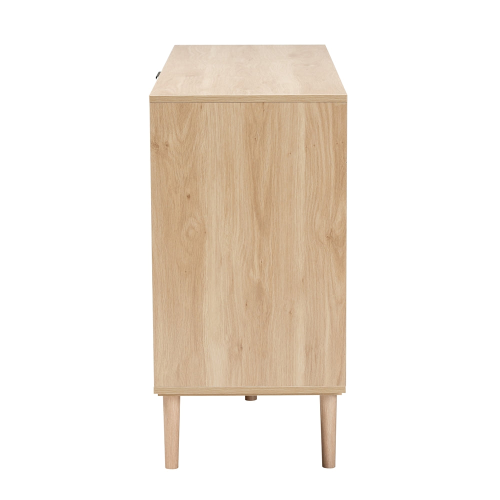 Harrison Mid-Century Modern Natural Brown Finished Wood and Natural Rattan 3-Drawer Sideboard