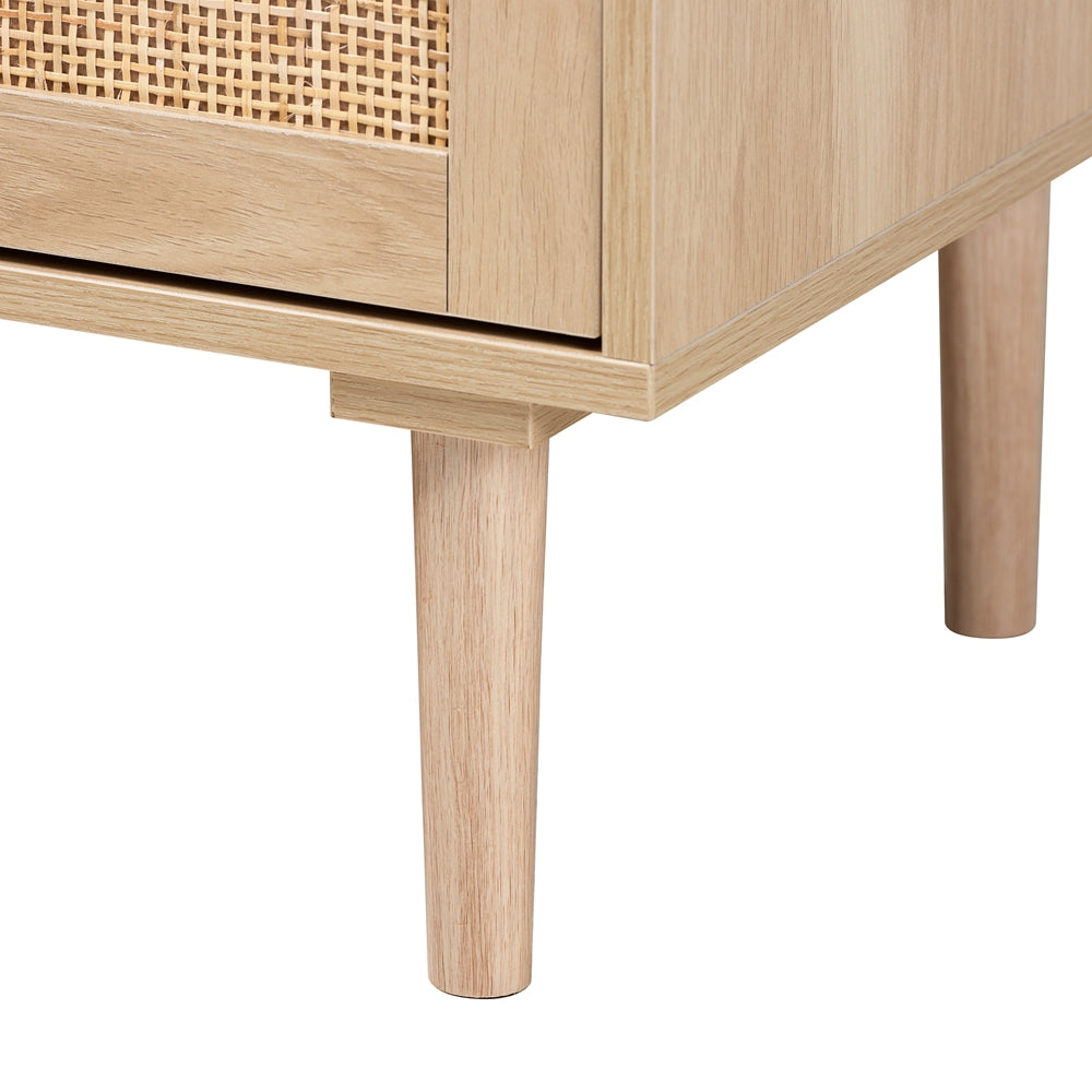 Harrison Mid-Century Modern Natural Brown Finished Wood and Natural Rattan 3-Drawer Sideboard