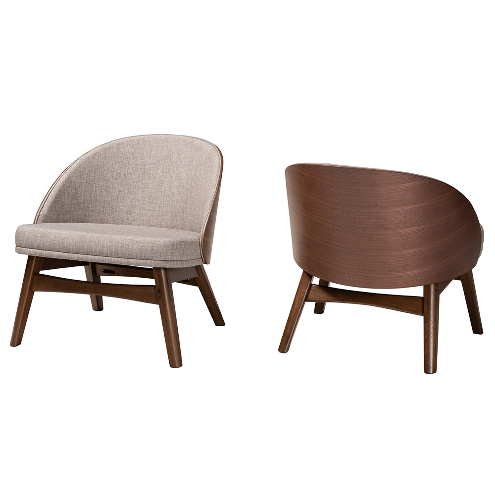 Lovella Mid-Century Modern Grey Fabric and Walnut Brown Finished Wood 2-Piece Accent Chair Set