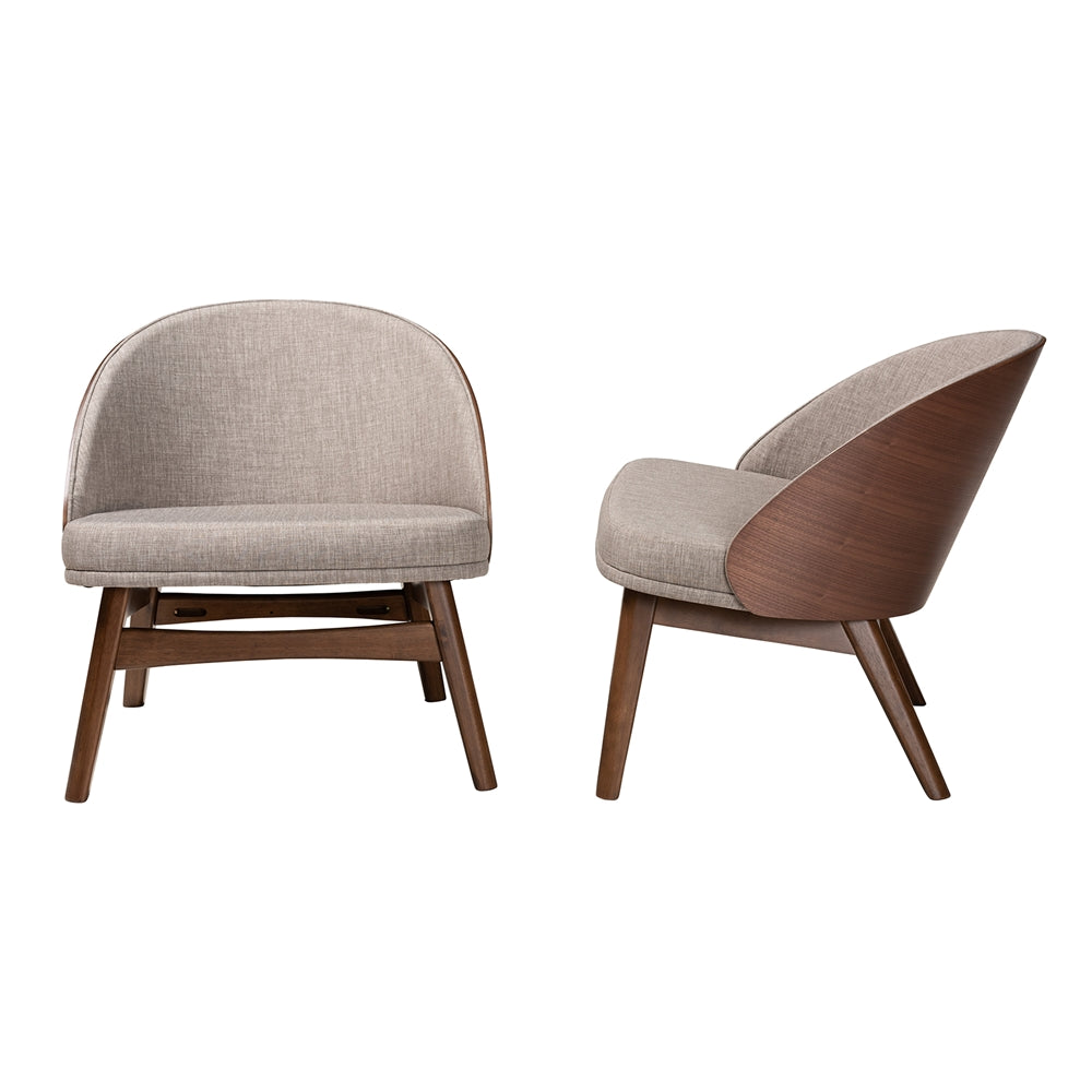 Lovella Mid-Century Modern Grey Fabric and Walnut Brown Finished Wood 2-Piece Accent Chair Set