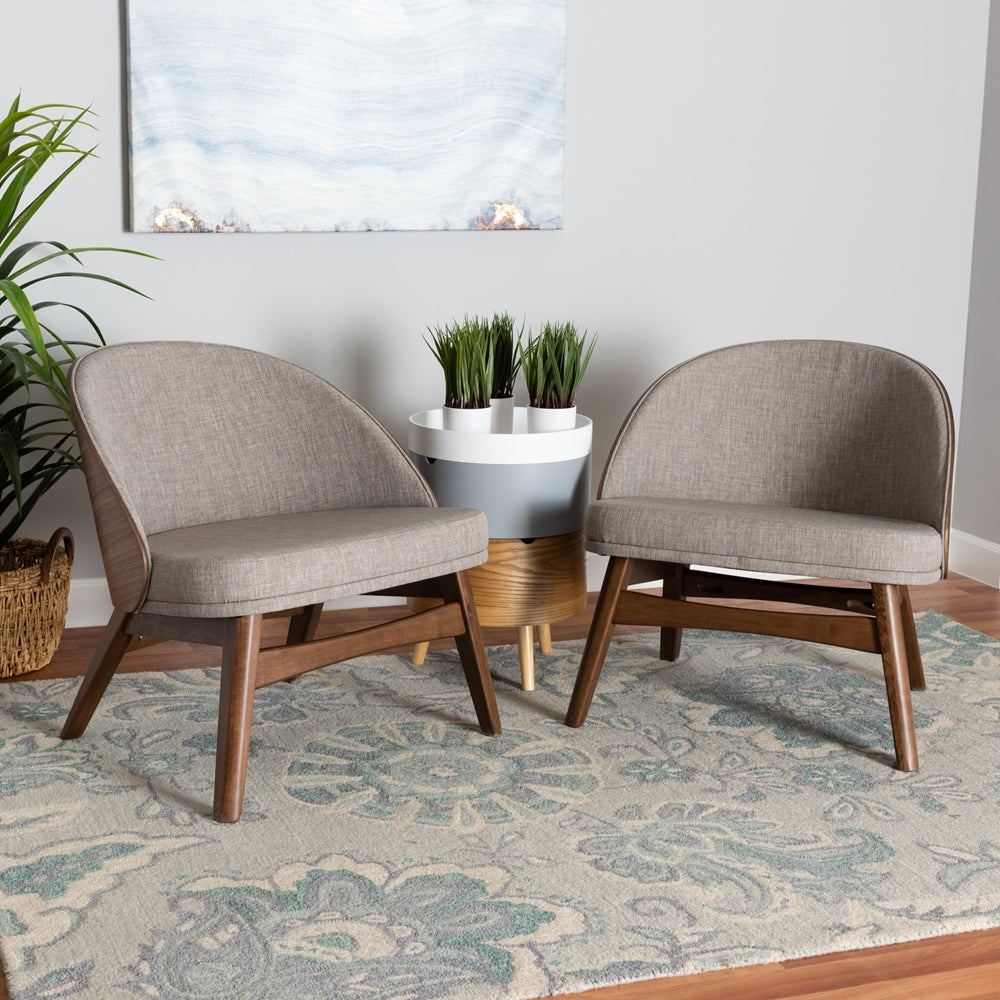 Lovella Mid-Century Modern Grey Fabric and Walnut Brown Finished Wood 2-Piece Accent Chair Set