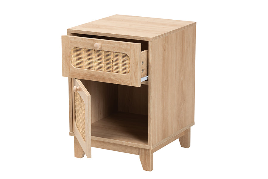 Elsbeth Mid-Century Modern Light Brown Finished Wood and Natural Rattan 1-Drawer End Table