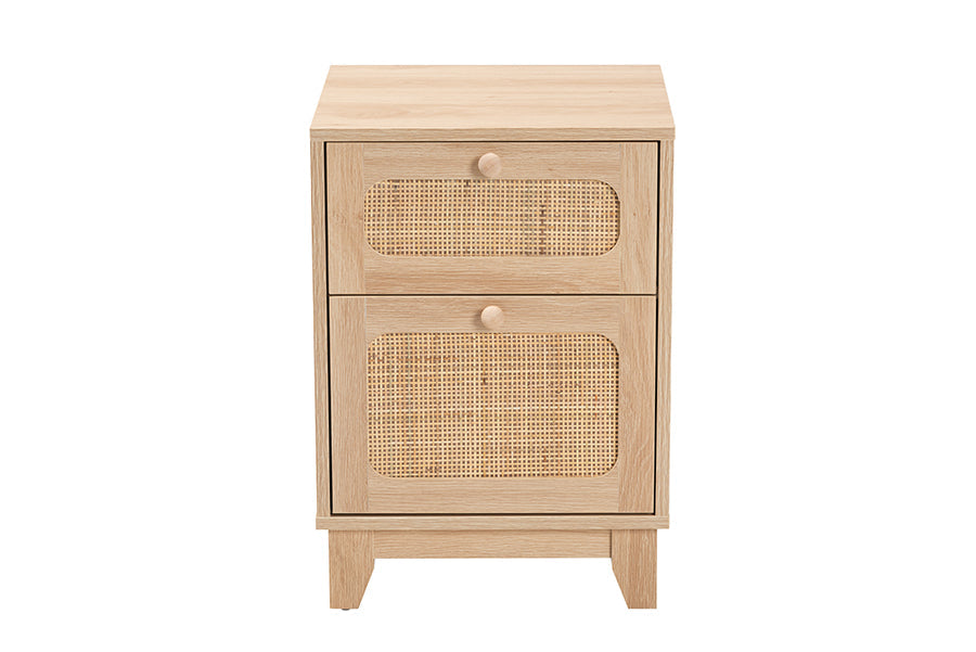 Elsbeth Mid-Century Modern Light Brown Finished Wood and Natural Rattan 1-Drawer End Table