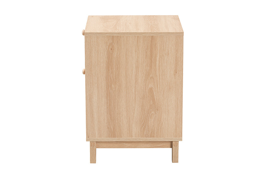 Elsbeth Mid-Century Modern Light Brown Finished Wood and Natural Rattan 1-Drawer End Table