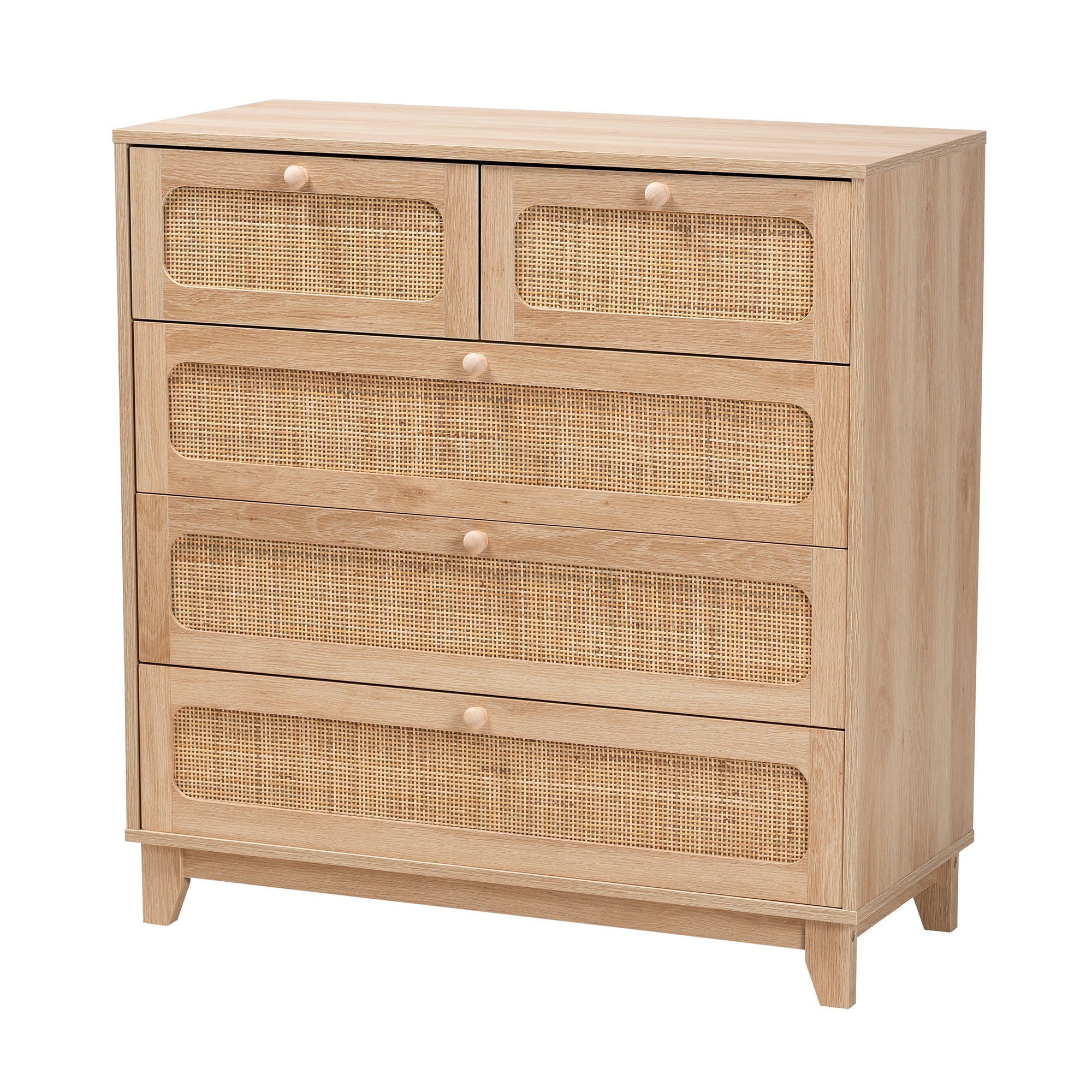 Elsbeth Mid-Century Modern Oak Brown Finished Wood and Natural Rattan 5-Drawer Storage Cabinet