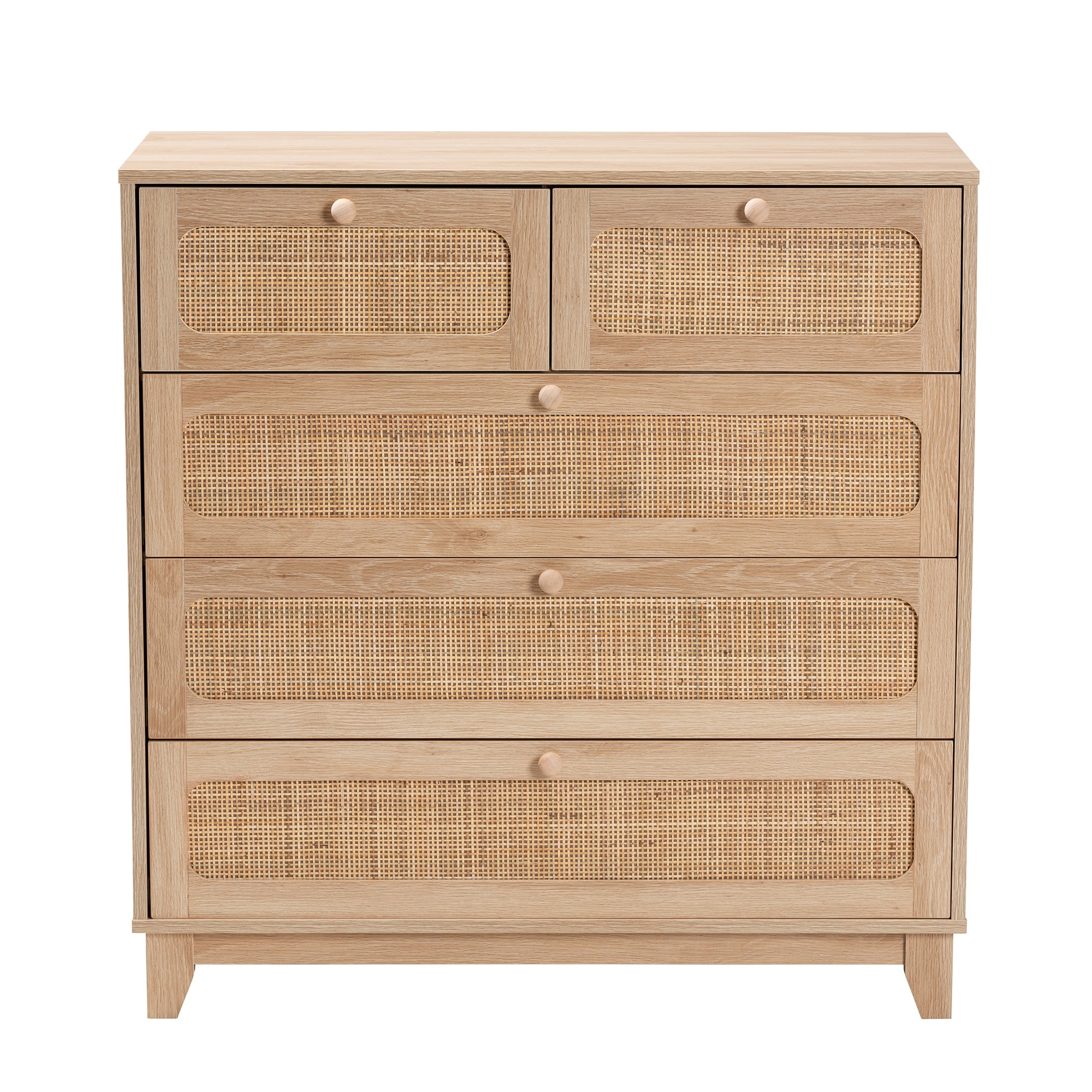 Elsbeth Mid-Century Modern Oak Brown Finished Wood and Natural Rattan 5-Drawer Storage Cabinet
