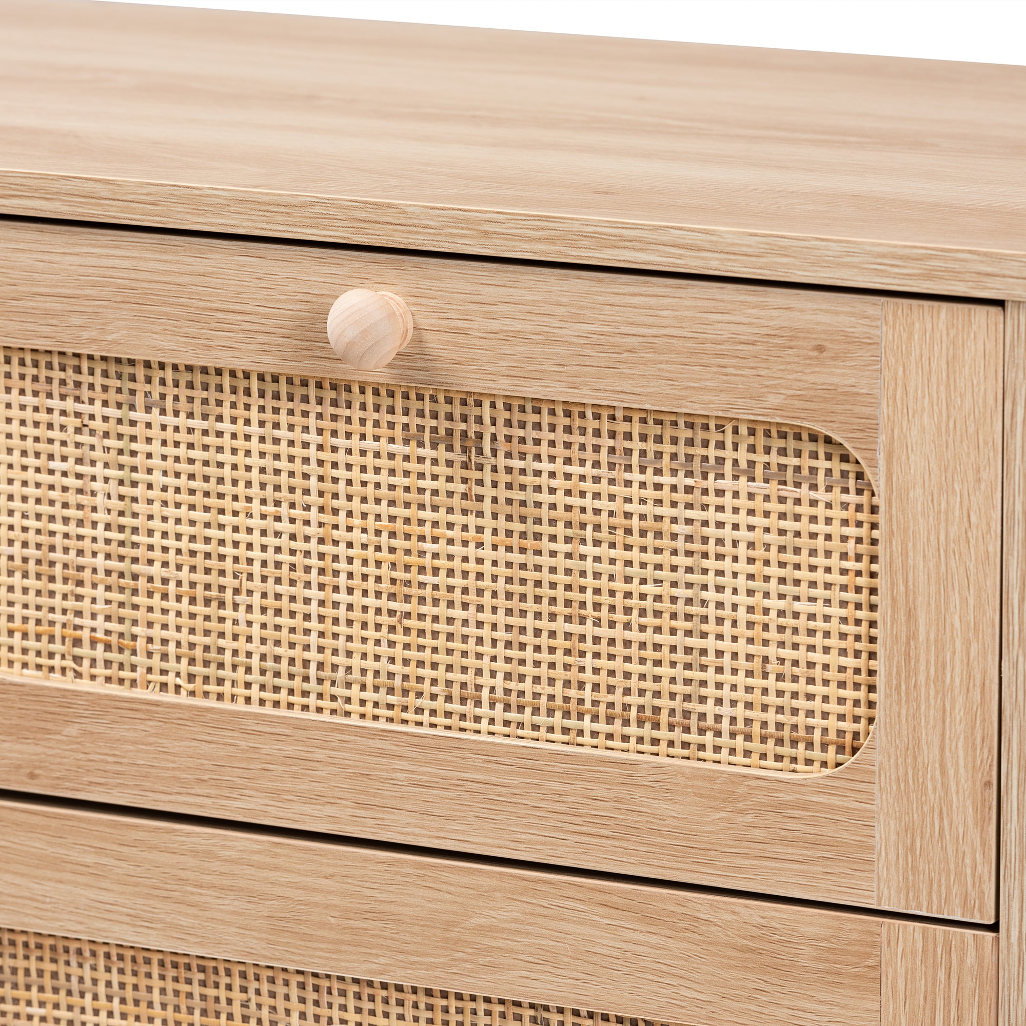 Elsbeth Mid-Century Modern Oak Brown Finished Wood and Natural Rattan 5-Drawer Storage Cabinet
