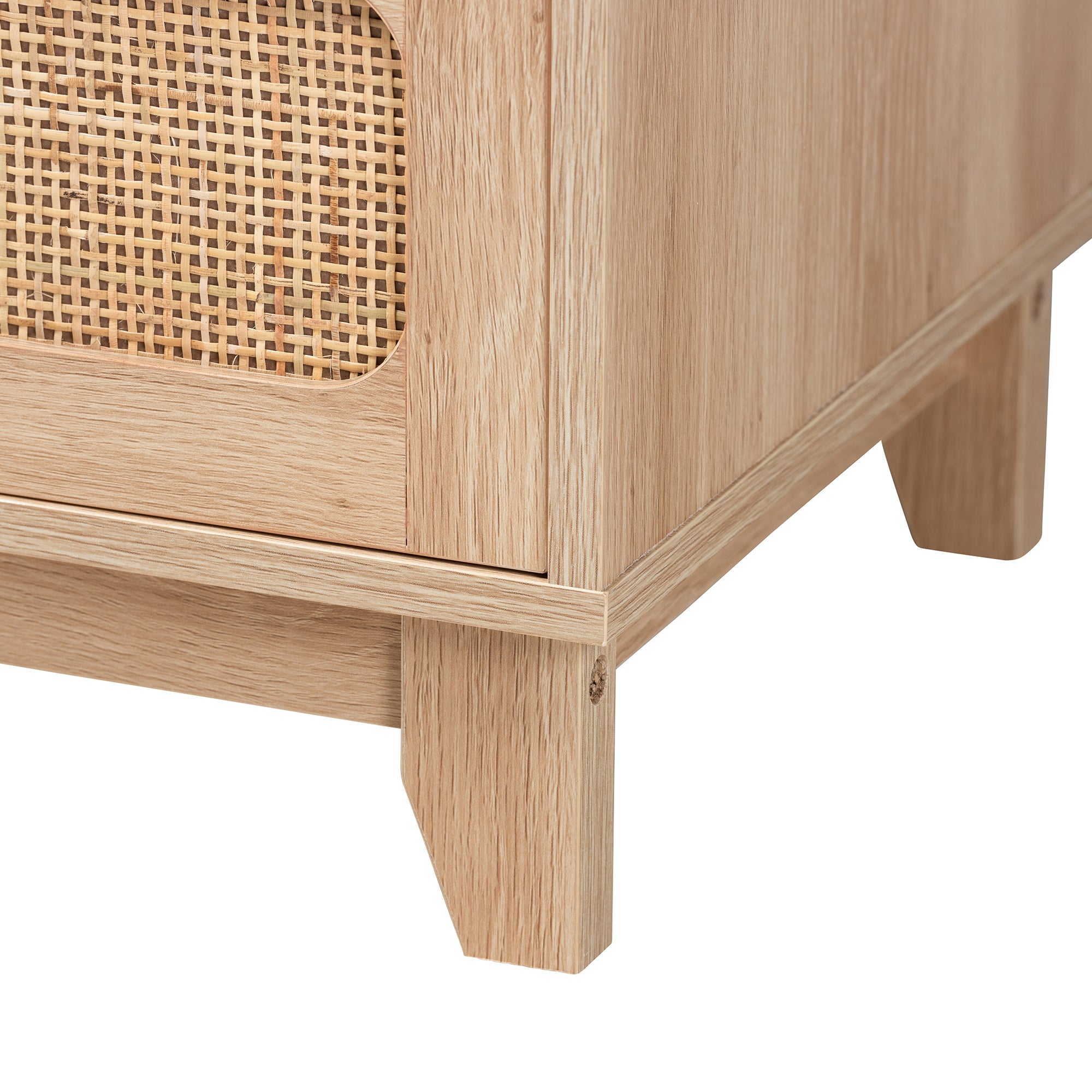 Elsbeth Mid-Century Modern Oak Brown Finished Wood and Natural Rattan 5-Drawer Storage Cabinet