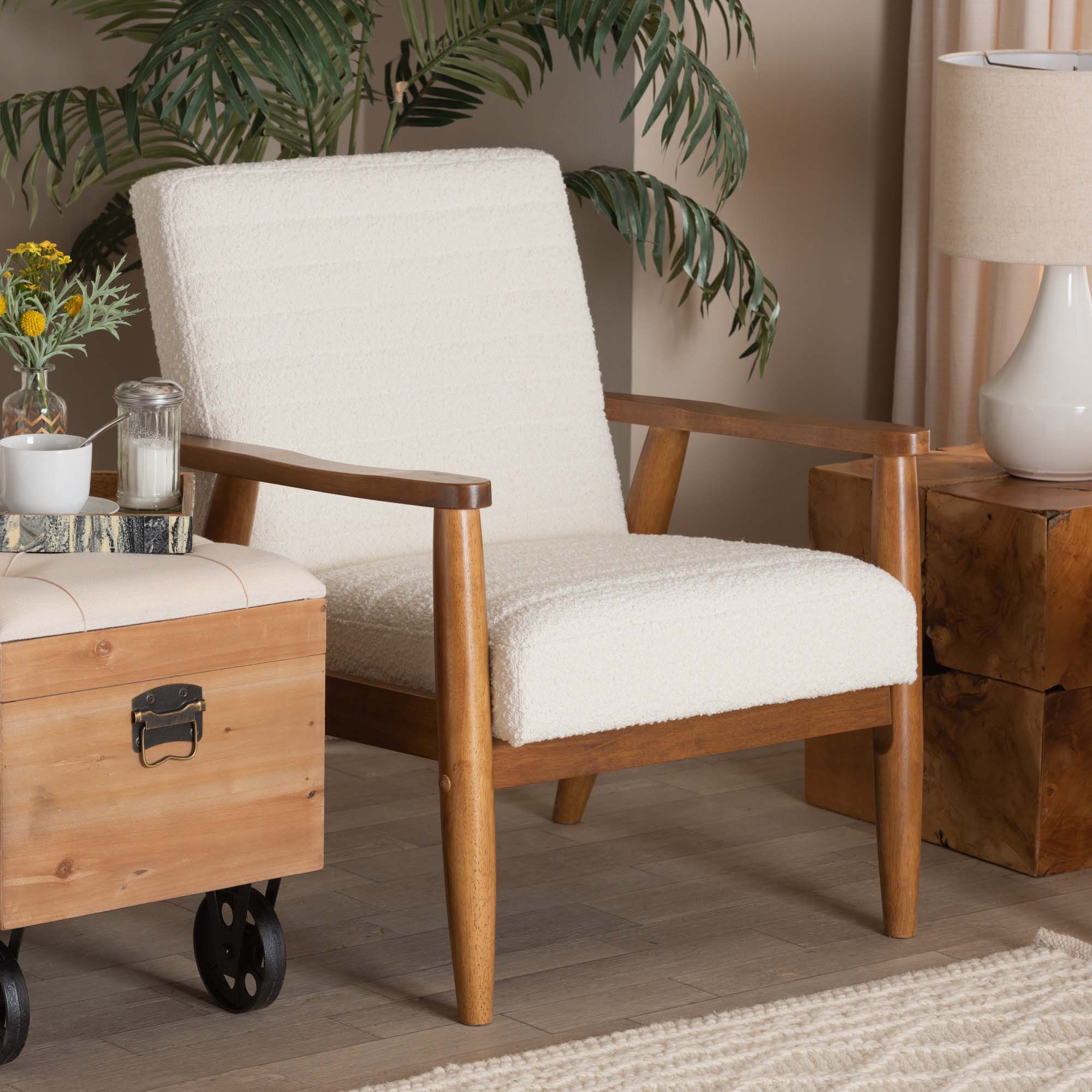 Stratton Mid-Century Modern Cream Boucle Fabric and Walnut Brown Finished Wood Armchair