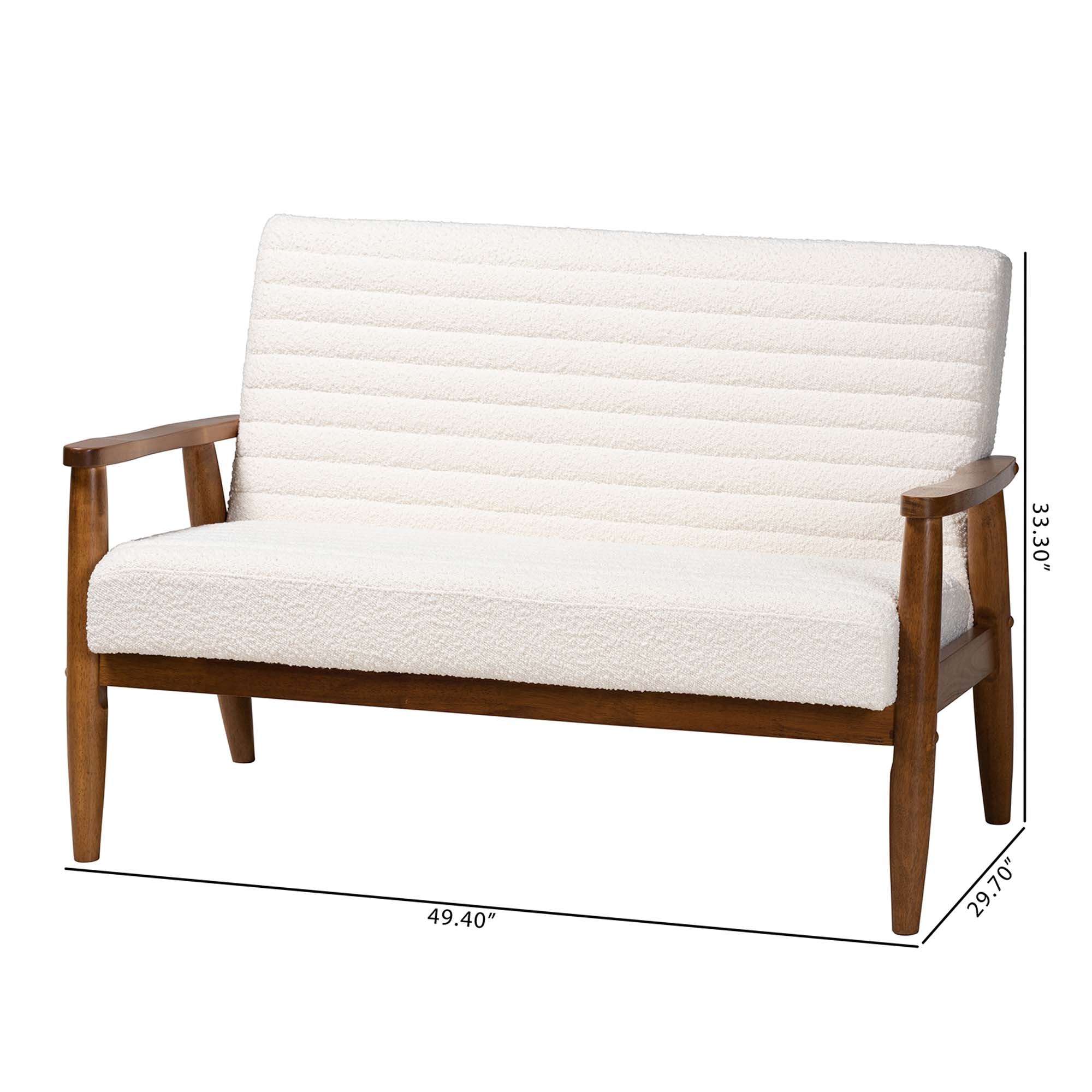 Stratton Mid-Century Modern Cream Boucle Fabric and Walnut Brown Finished Wood Loveseat