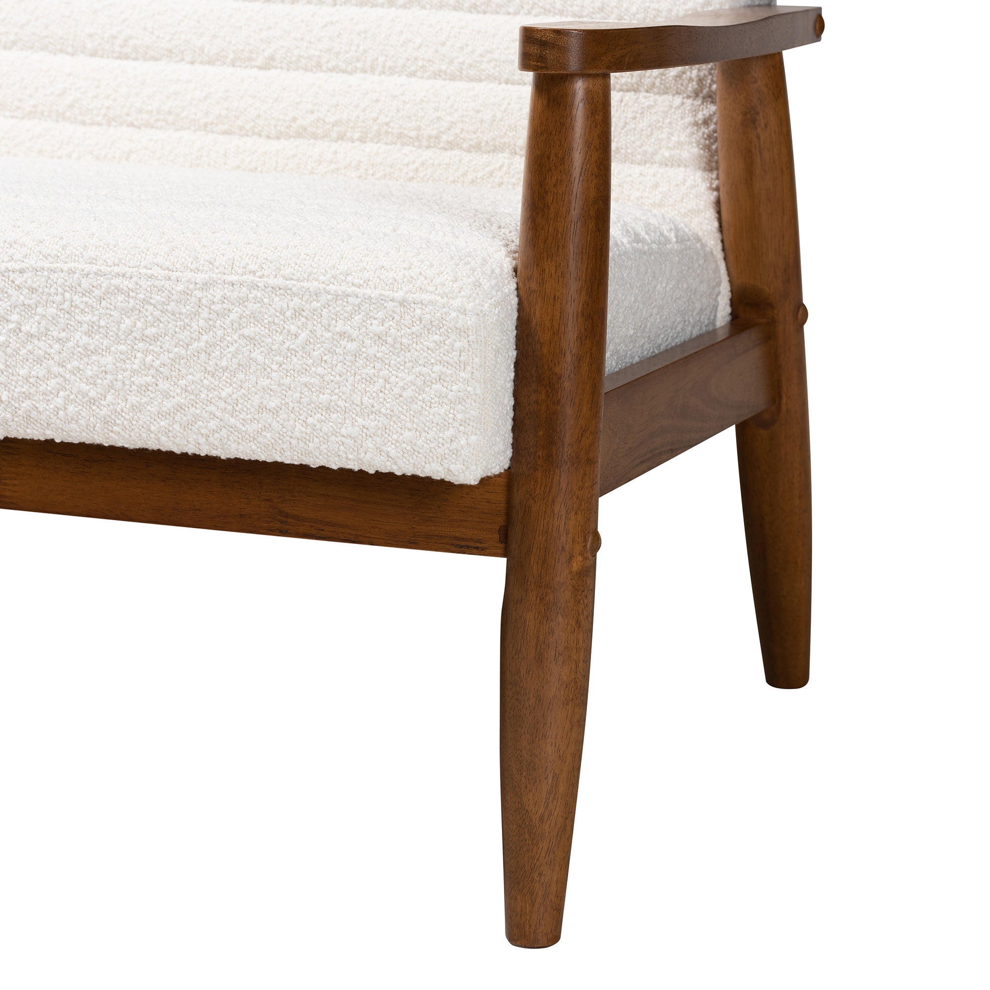 Stratton Mid-Century Modern Cream Boucle Fabric and Walnut Brown Finished Wood Loveseat
