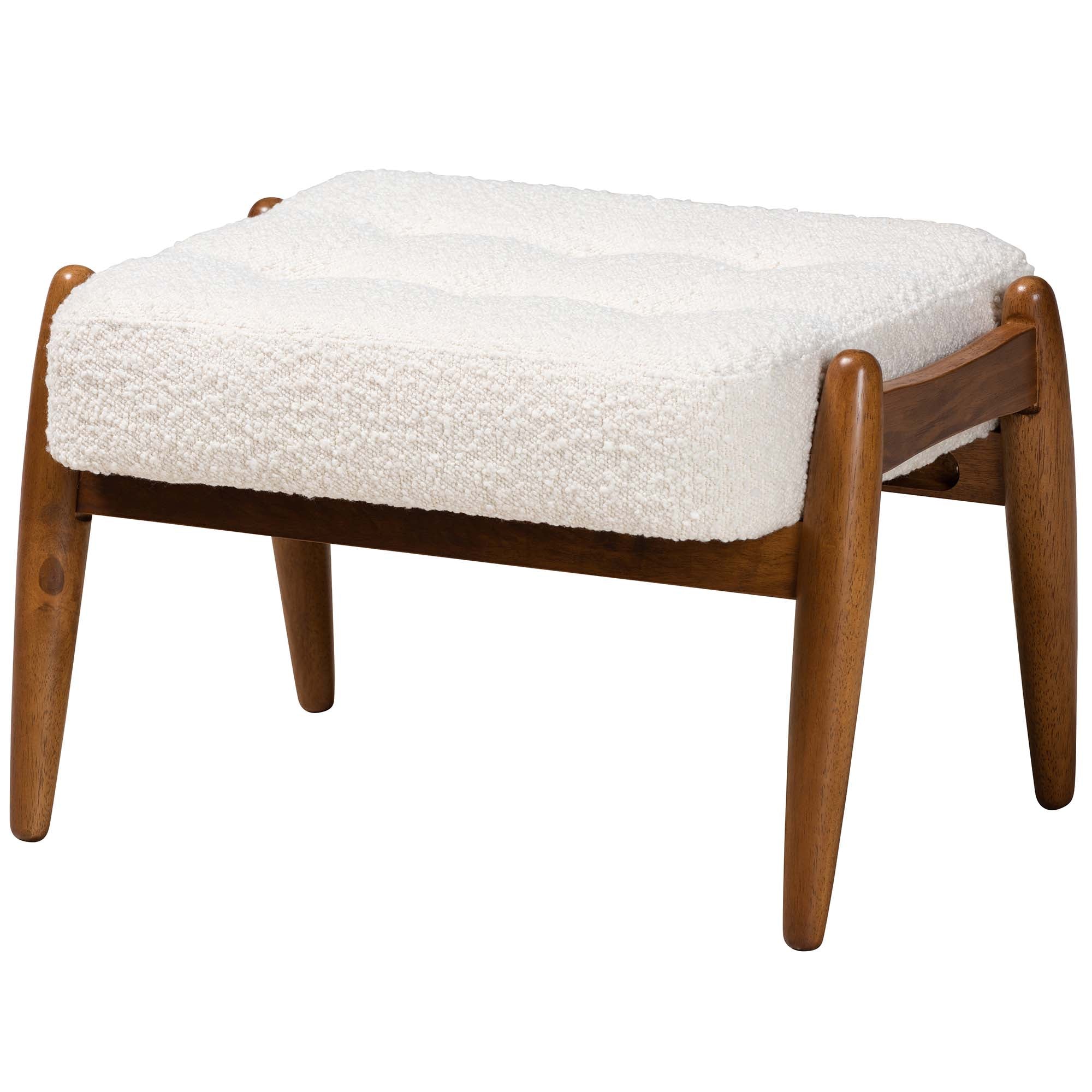 Jeanine Japandi Cream Boucle Fabric and Walnut Brown Finished Rubberwood Ottoman Footstool