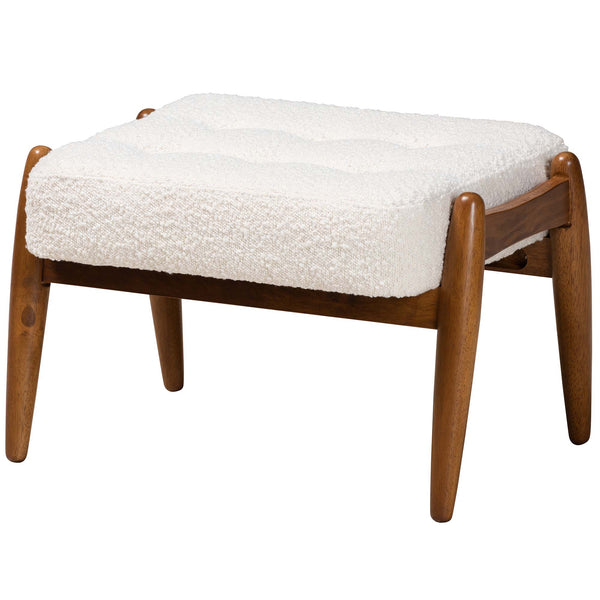 Jeanine Japandi Cream Boucle Fabric and Walnut Brown Finished Rubberwood Ottoman Footstool