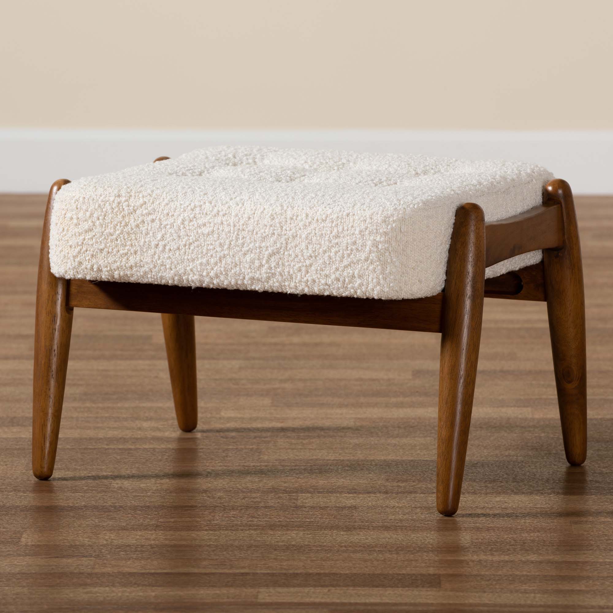 Jeanine Japandi Cream Boucle Fabric and Walnut Brown Finished Rubberwood Ottoman Footstool