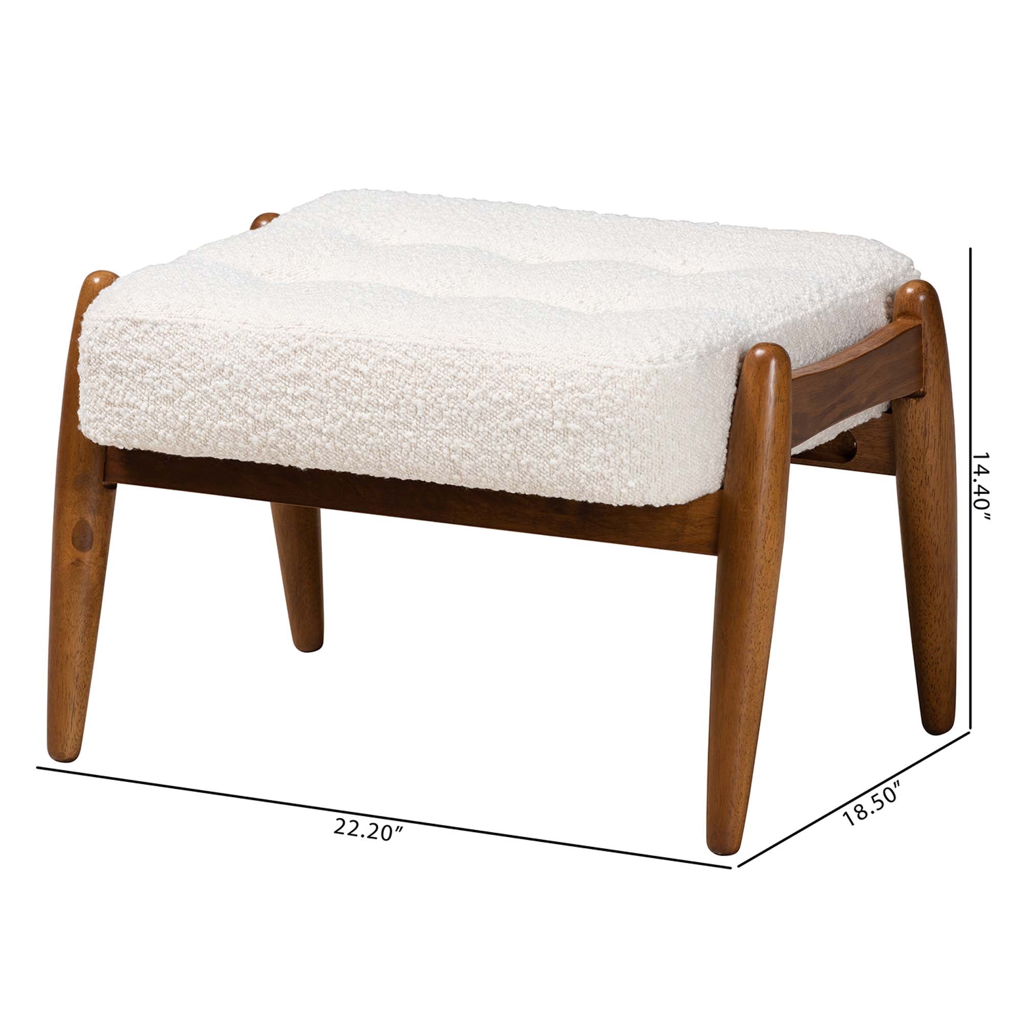 Jeanine Japandi Cream Boucle Fabric and Walnut Brown Finished Rubberwood Ottoman Footstool