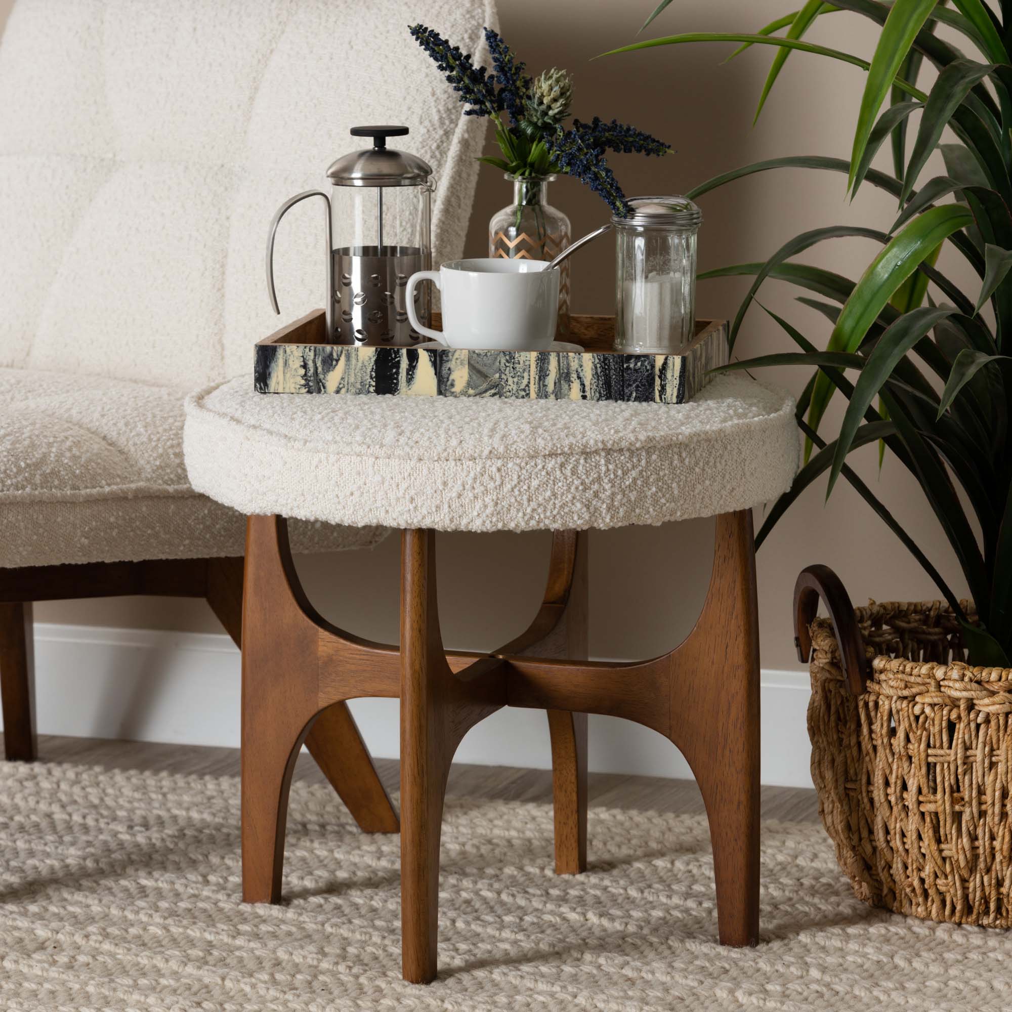 Theo Japandi Cream Boucle Fabric and Walnut Brown Finished Rubberwood Ottoman Footstool