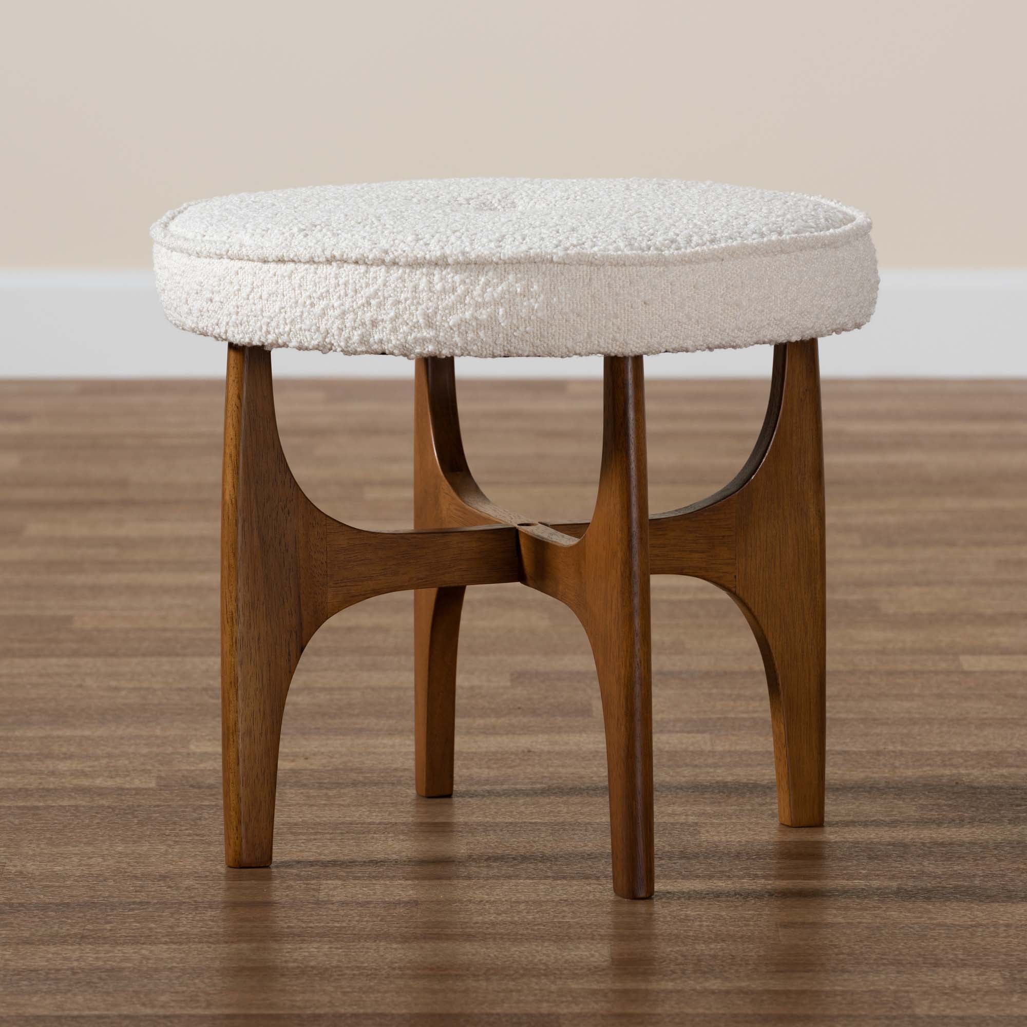 Theo Japandi Cream Boucle Fabric and Walnut Brown Finished Rubberwood Ottoman Footstool