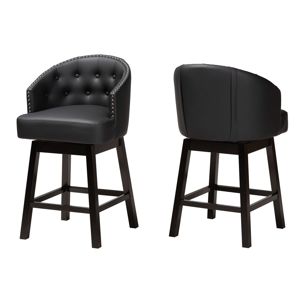 Theron Mid-Century Transitional Black Faux Leather and Espresso Brown Finished Wood 2-Piece Swivel Counter Stool Set