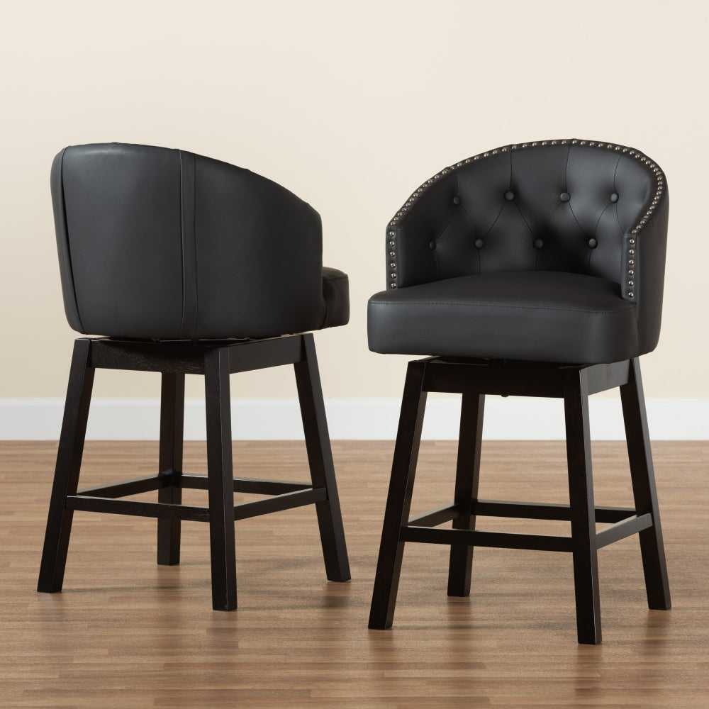 Theron Mid-Century Transitional Black Faux Leather and Espresso Brown Finished Wood 2-Piece Swivel Counter Stool Set
