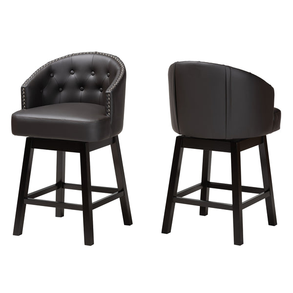 Theron Mid-Century Transitional Dark Brown Faux Leather and Espresso Brown Finished Wood 2-Piece Swivel Counter Stool Set