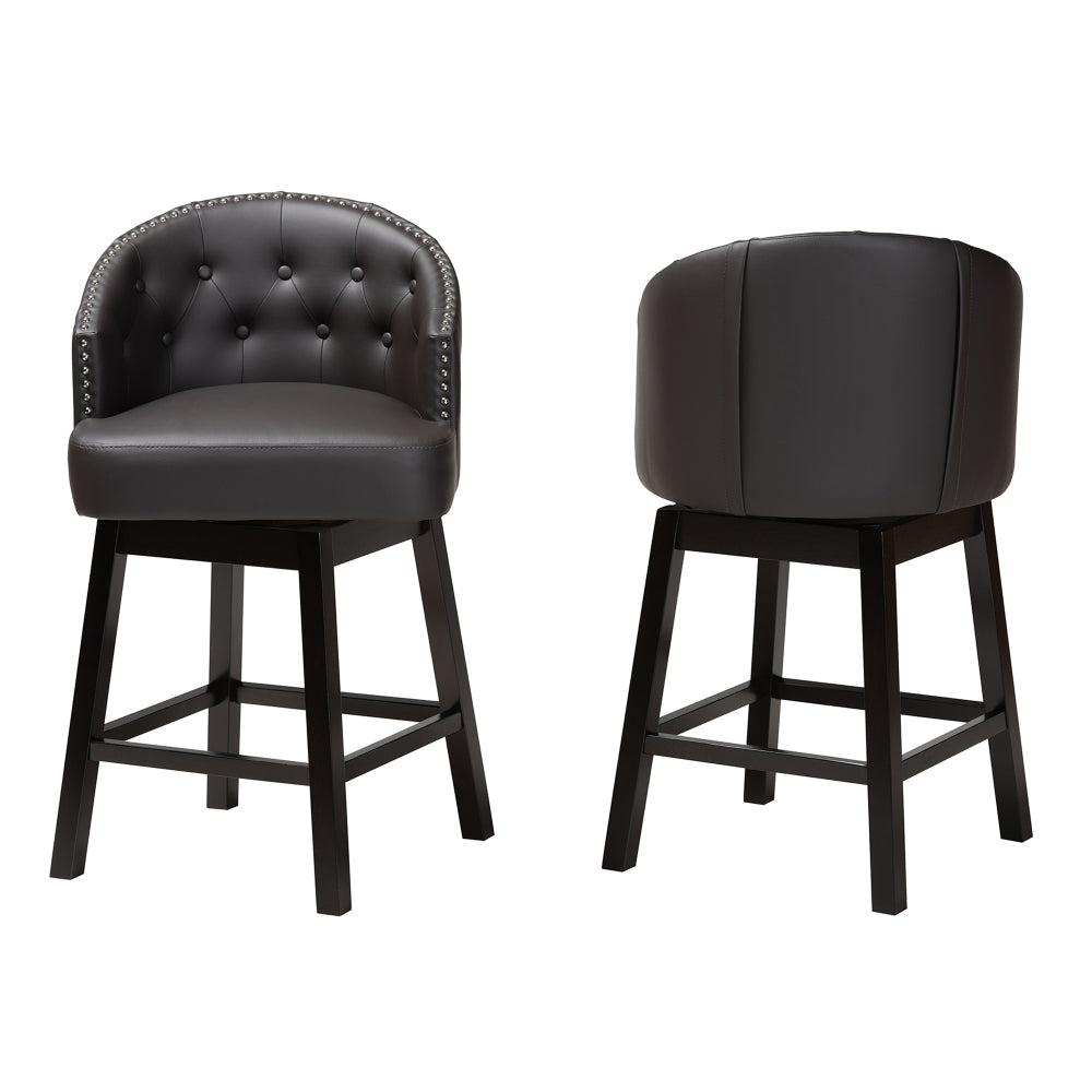 Theron Mid-Century Transitional Dark Brown Faux Leather and Espresso Brown Finished Wood 2-Piece Swivel Counter Stool Set
