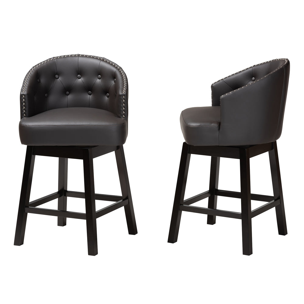 Theron Mid-Century Transitional Dark Brown Faux Leather and Espresso Brown Finished Wood 2-Piece Swivel Counter Stool Set