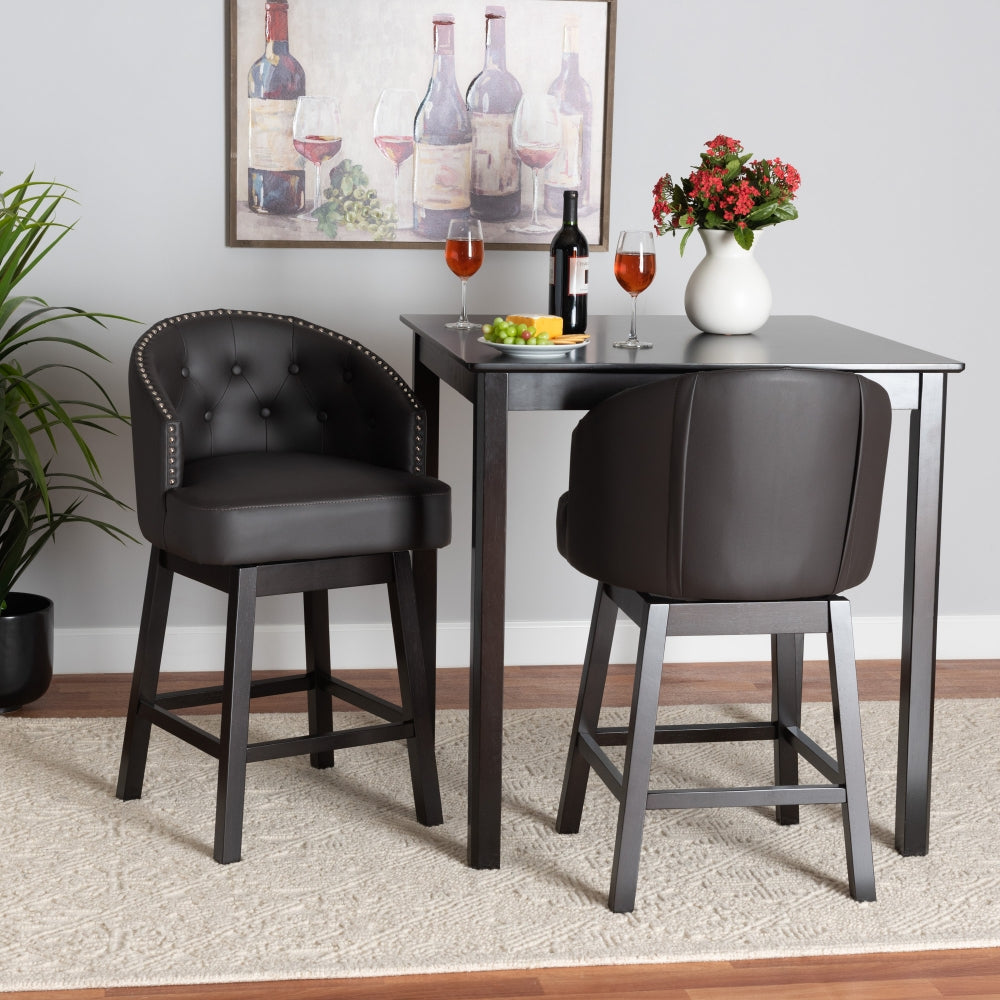 Theron Mid-Century Transitional Dark Brown Faux Leather and Espresso Brown Finished Wood 2-Piece Swivel Counter Stool Set