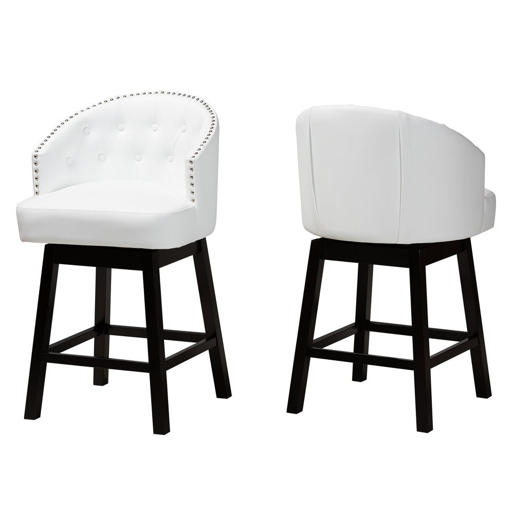 Theron Mid-Century Transitional White Faux Leather and Espresso Brown Finished Wood 2-Piece Swivel Counter Stool Set