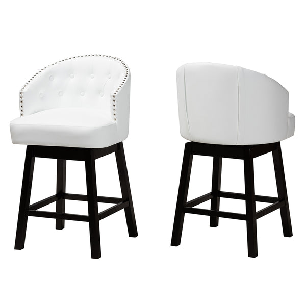 Theron Mid-Century Transitional White Faux Leather and Espresso Brown Finished Wood 2-Piece Swivel Counter Stool Set