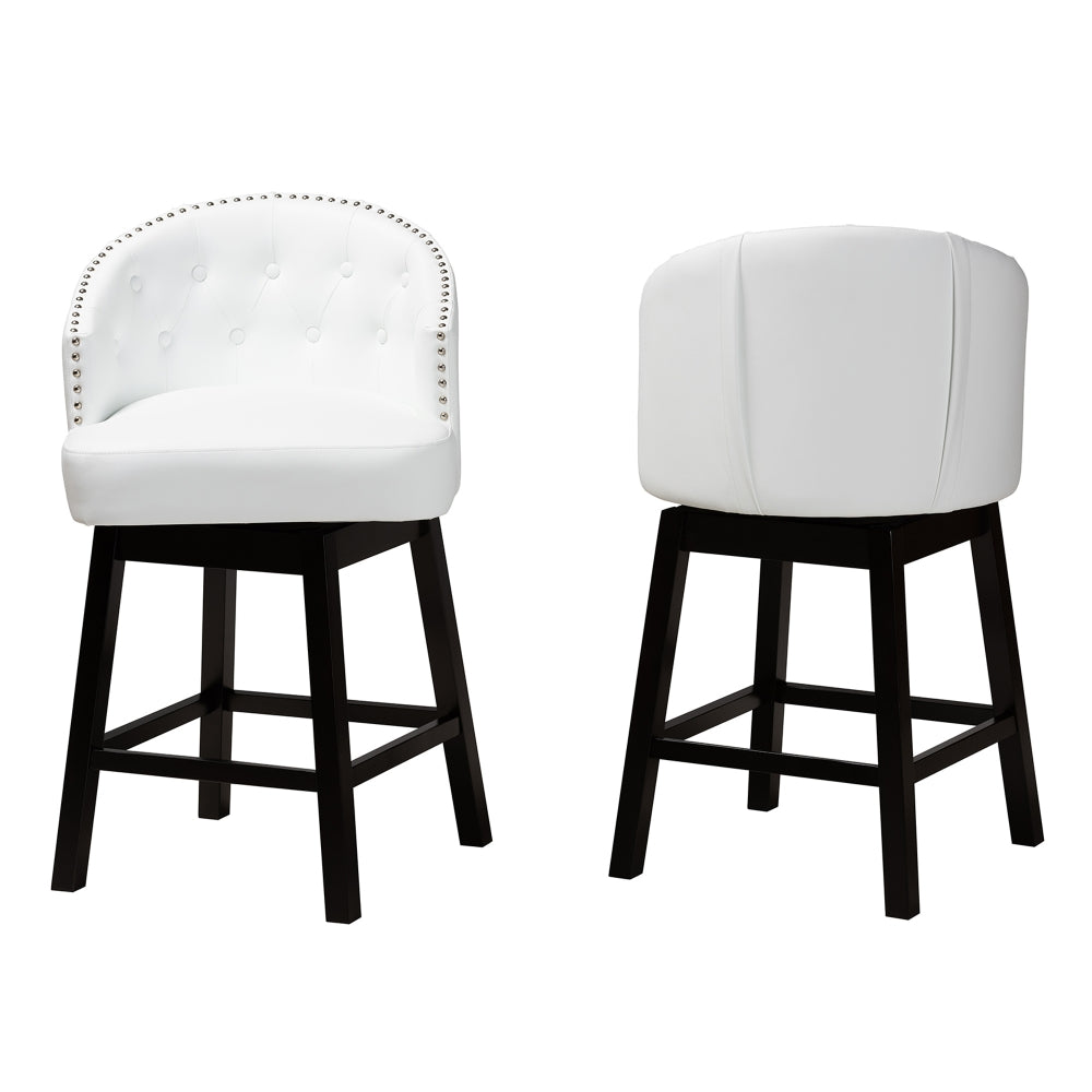 Theron Mid-Century Transitional White Faux Leather and Espresso Brown Finished Wood 2-Piece Swivel Counter Stool Set