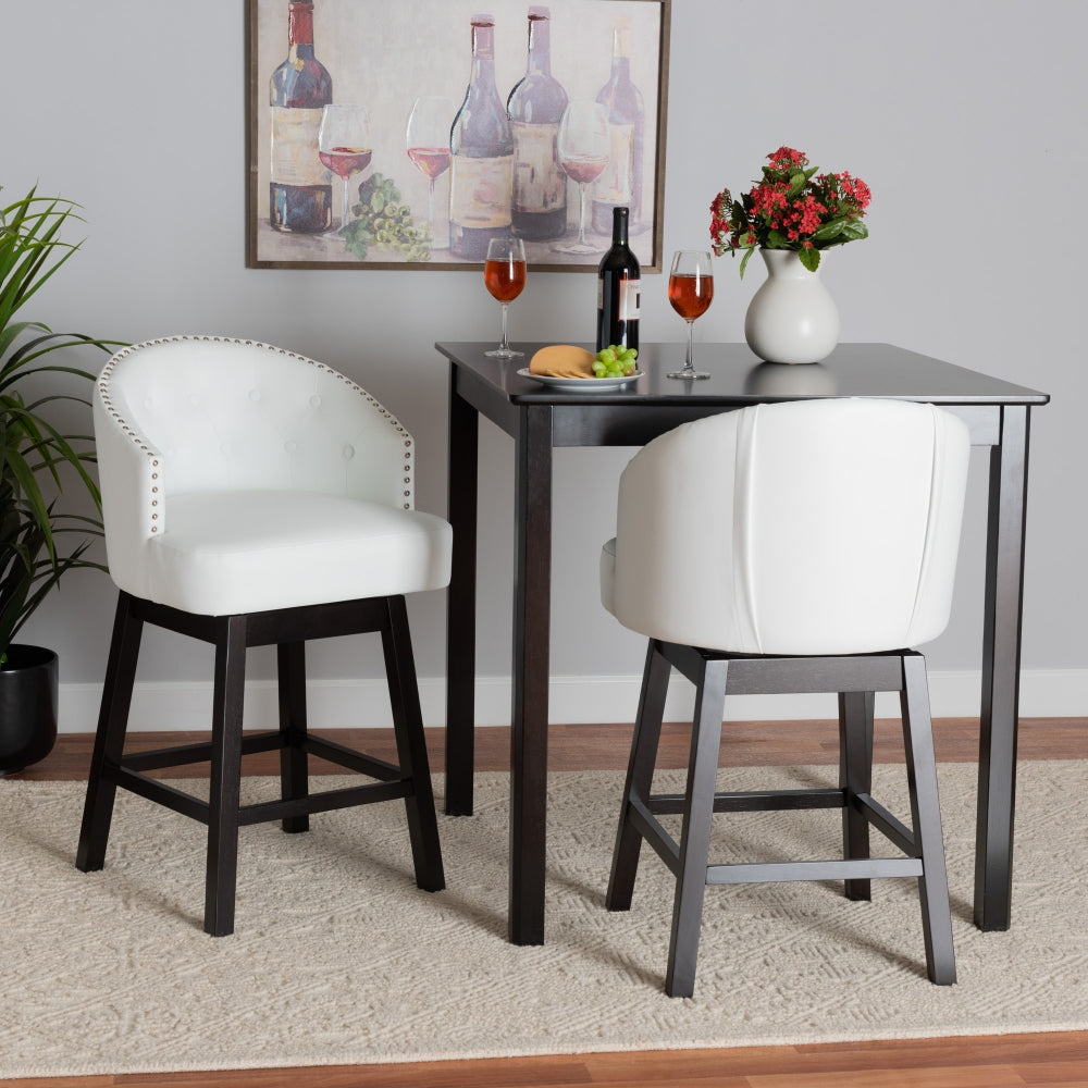 Theron Mid-Century Transitional White Faux Leather and Espresso Brown Finished Wood 2-Piece Swivel Counter Stool Set