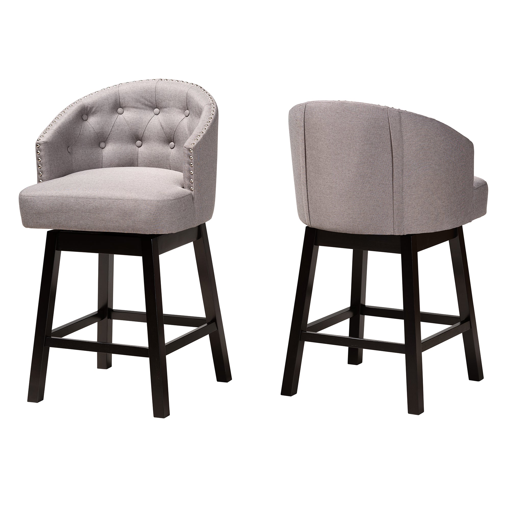 Baxton Studio Theron Mid-Century Transitional Grey Fabric and Espresso Brown Finished Wood 2-Piece Swivel Counter Stool Set