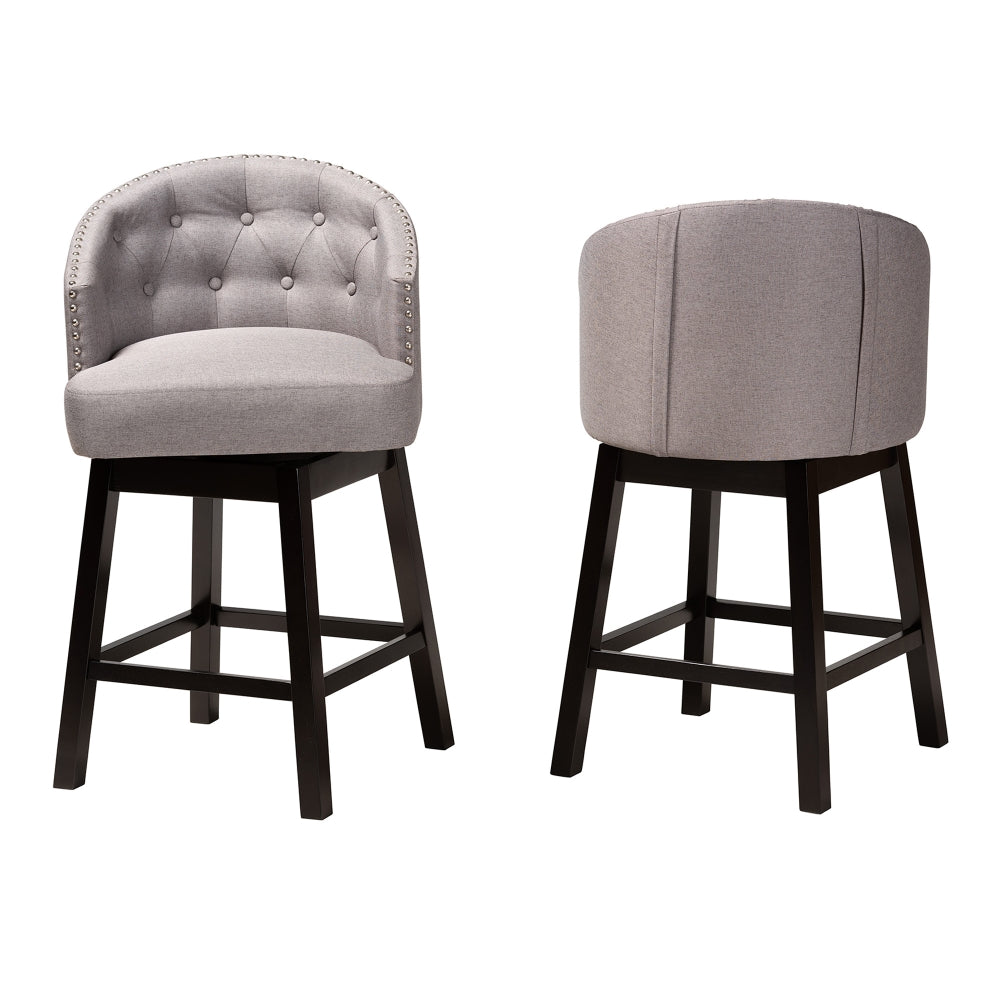 Theron Mid-Century Transitional Grey Fabric and Espresso Brown Finished Wood 2-Piece Swivel Counter Stool Set