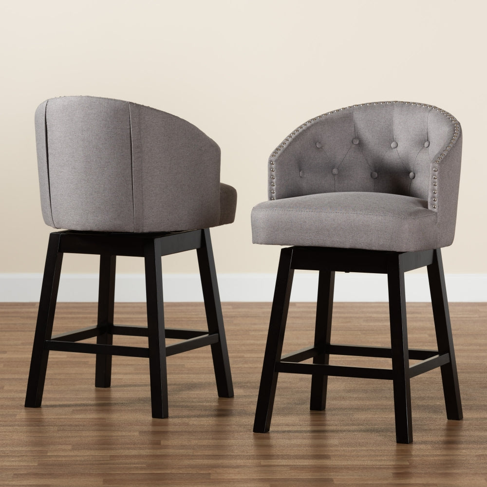 Theron Mid-Century Transitional Grey Fabric and Espresso Brown Finished Wood 2-Piece Swivel Counter Stool Set