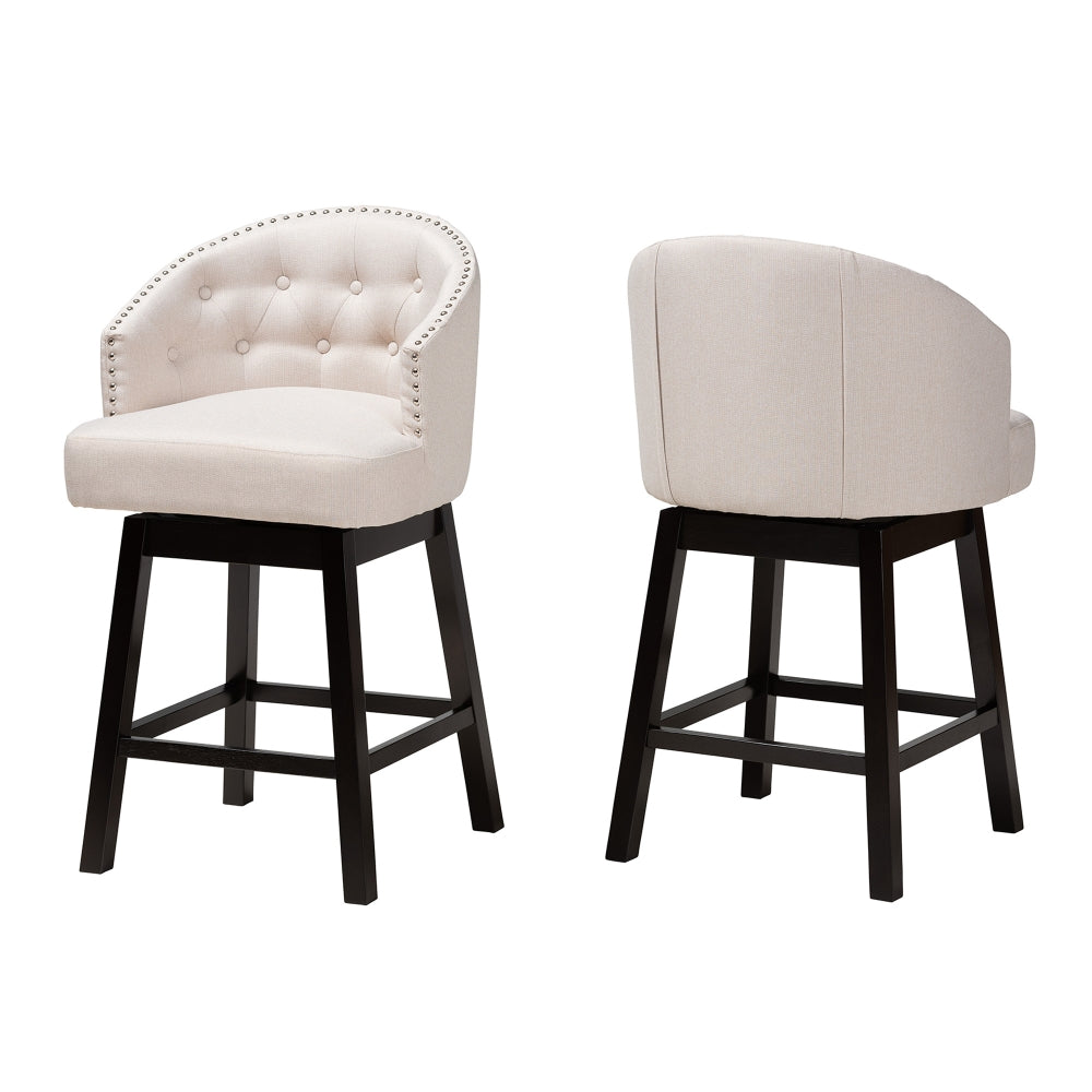 Theron Mid-Century Transitional Light Beige Fabric and Espresso Brown Finished Wood 2-Piece Swivel Counter Stool Set