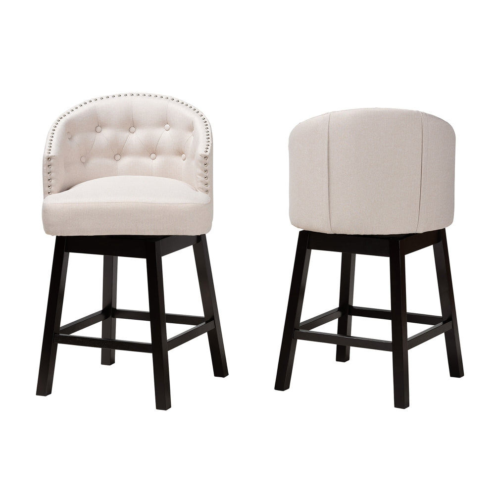 Theron Mid-Century Transitional Light Beige Fabric and Espresso Brown Finished Wood 2-Piece Swivel Counter Stool Set
