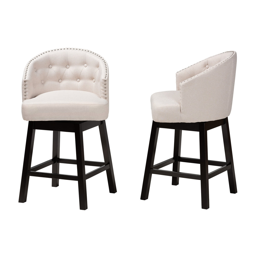 Theron Mid-Century Transitional Light Beige Fabric and Espresso Brown Finished Wood 2-Piece Swivel Counter Stool Set