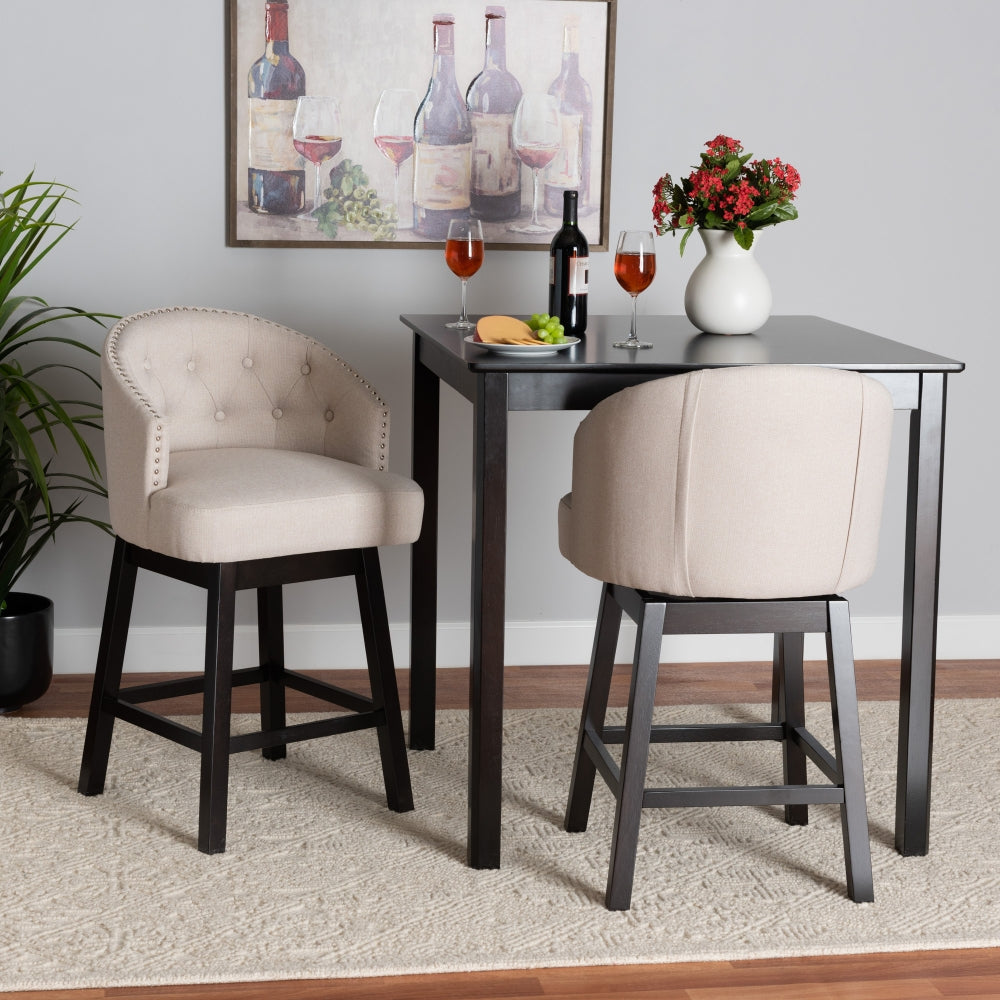 Theron Mid-Century Transitional Light Beige Fabric and Espresso Brown Finished Wood 2-Piece Swivel Counter Stool Set