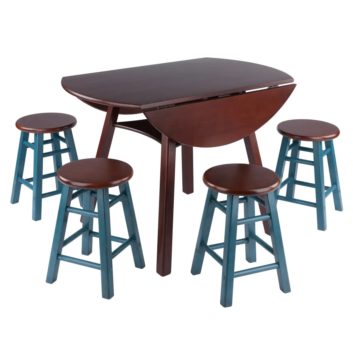 Marbelle Table 5-Pc Drop Leaf Dining Table, Walnut Finish, with 4 Element 18” Dining Stools, Walnut Rustic Teal Finish