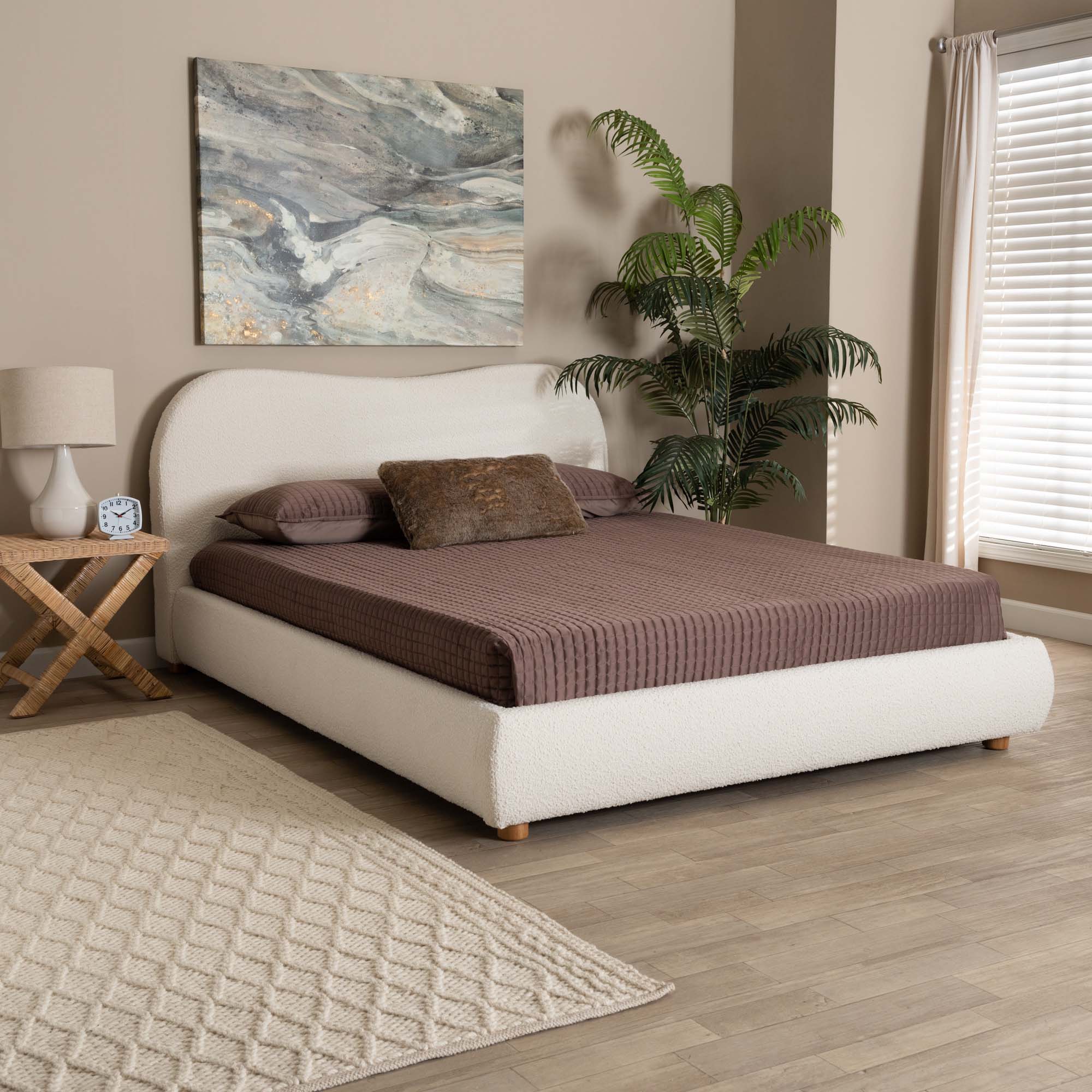 Maya Mid-Century Modern Cream Boucle Fabric And Oak Brown Finished Wood Queen Size Platform Bed